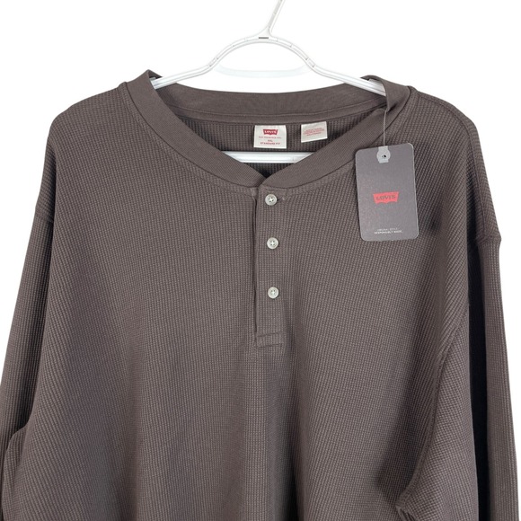 NEW Levis‎ Mens Waffle Knit Thermal Henley Shirt 2XL Brown Standard Fit Stretch - Picture 1 of 6
